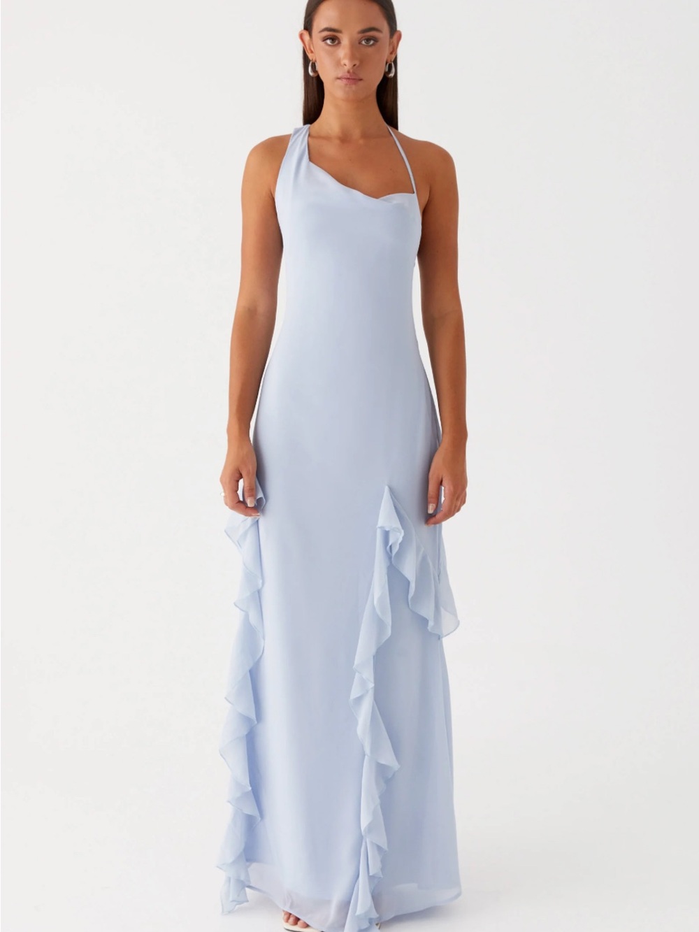 Peppermayo Pale Blue One-Shoulder Ruffle Maxi Dress